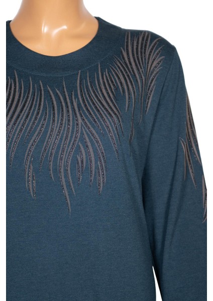 Hesna Kadın Ferda Kışlık Battal Beden Boydan Baskılı Petrol Elbise modelleri