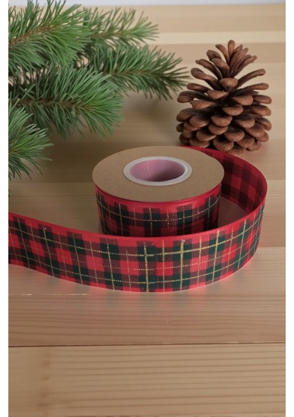 Yılbaşı Kırmızı Grogren Kurdele – Ekose Desenli Hediye Paketleme, Hobi Süsleme Şeridi, 4 Cm - 18 M modelleri