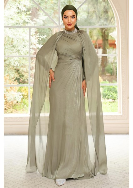 Yakası Taşlı Pelerin Detaylı Yoryo Ipek Tesettür Abiye Elbise Açık Yeşil 1247