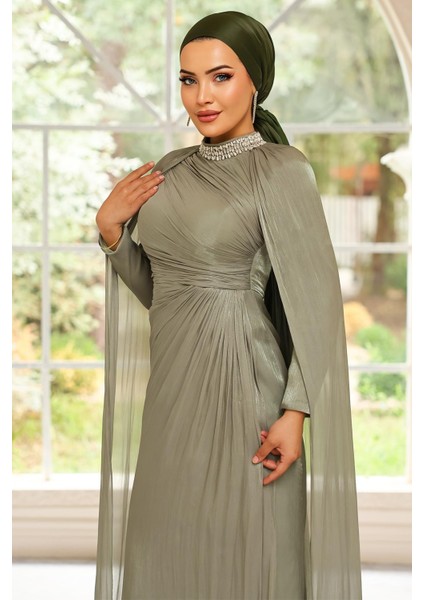 Yakası Taşlı Pelerin Detaylı Yoryo Ipek Tesettür Abiye Elbise Açık Yeşil 1247 fiyatları