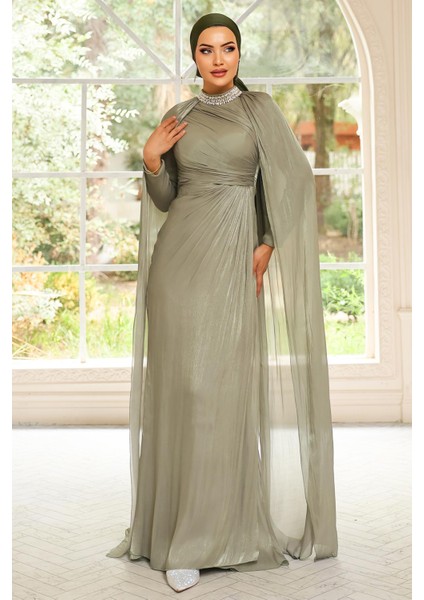 Yakası Taşlı Pelerin Detaylı Yoryo Ipek Tesettür Abiye Elbise Açık Yeşil 1247 modelleri