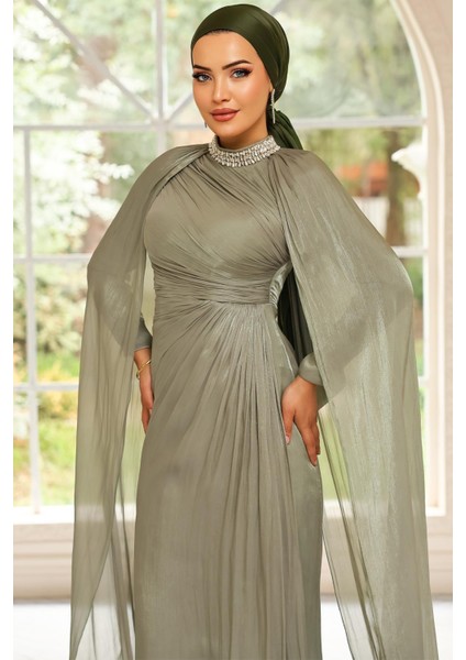 Yakası Taşlı Pelerin Detaylı Yoryo Ipek Tesettür Abiye Elbise Açık Yeşil 1247 indirimleri