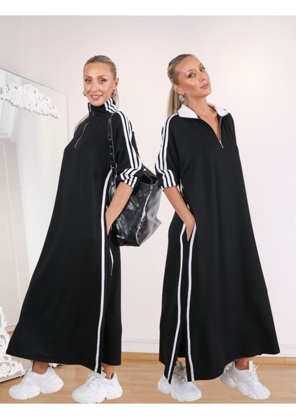 Buketli Kadın Fermuarlı Dik Yaka 3 Şeritli Oversize Kalıp Uzun Kollu Uzun Elbise