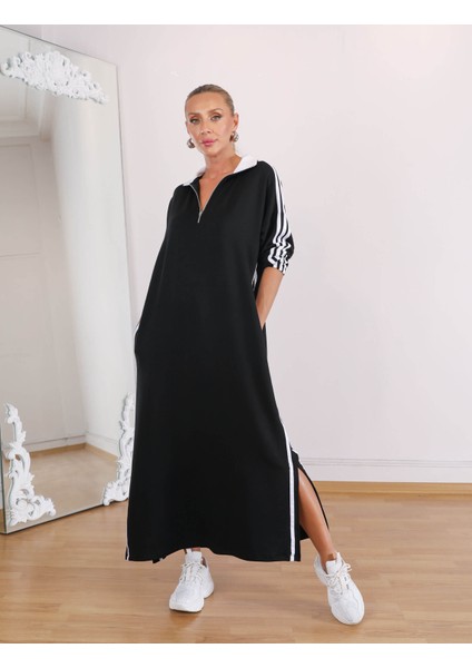 Buketli Kadın Fermuarlı Dik Yaka 3 Şeritli Oversize Kalıp Uzun Kollu Uzun Elbise fiyatları