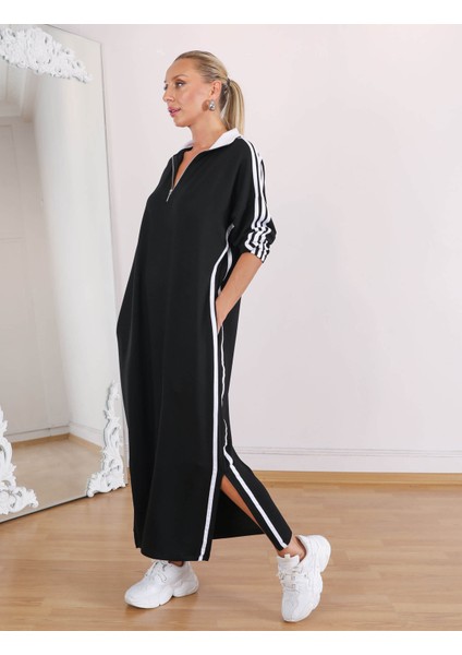 Buketli Kadın Fermuarlı Dik Yaka 3 Şeritli Oversize Kalıp Uzun Kollu Uzun Elbise modelleri