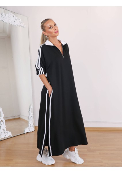 Buketli Kadın Fermuarlı Dik Yaka 3 Şeritli Oversize Kalıp Uzun Kollu Uzun Elbise fırsatları