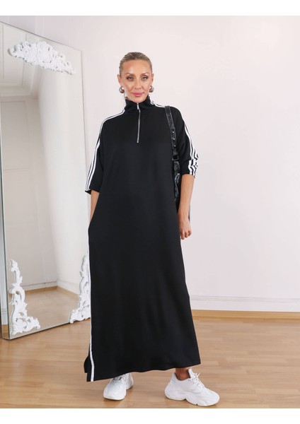 Buketli Kadın Fermuarlı Dik Yaka 3 Şeritli Oversize Kalıp Uzun Kollu Uzun Elbise indirimleri