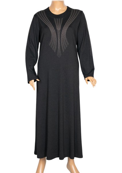 Hesna Kadın Elvan Kışlık Büyük Beden Boydan Baskılı Siyah Elbise