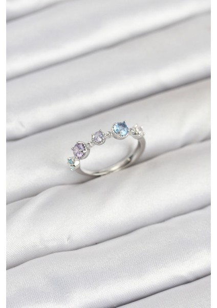 Pirinç Gümüş Renk Renkli Zirkon Taşlı Kadın Yüzük