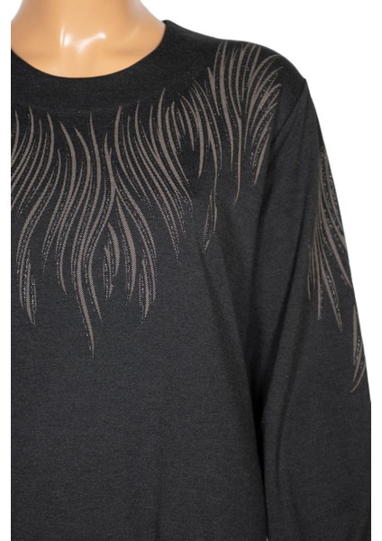 Hesna Kadın Ferda Kışlık Battal Beden Boydan Baskılı Siyah Elbise modelleri