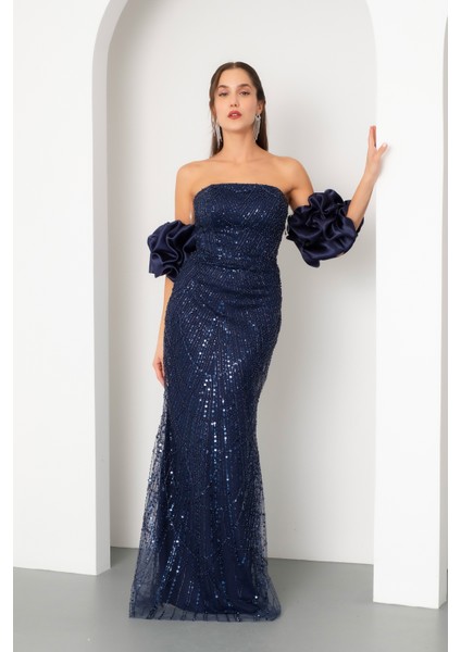 Kadın Lacivert Kol Detay Boncuklu Uzun Abiye Elbise