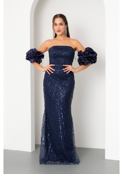 Kadın Lacivert Kol Detay Boncuklu Uzun Abiye Elbise fiyatları