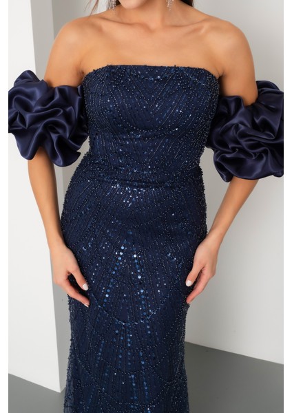 Kadın Lacivert Kol Detay Boncuklu Uzun Abiye Elbise indirimleri