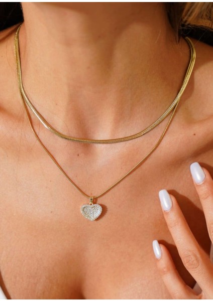 Çift Zincir Kalp Uçlu Kolye