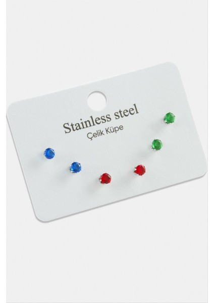 6 Adet Yuvarlak Renkli Zirkon Tek Taşlı Çelik Küpe