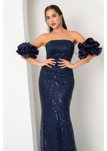 Kadın Lacivert Kol Detay Boncuklu Uzun Abiye Elbise modelleri