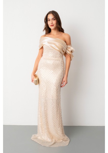 Kadın Bej Yaka Detay Boncuklu Uzun Abiye Elbise