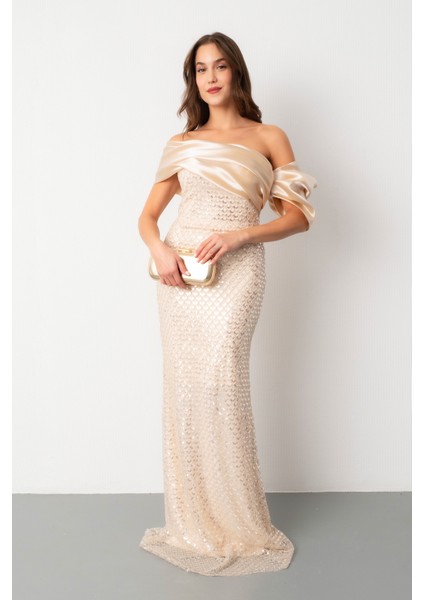 Kadın Bej Yaka Detay Boncuklu Uzun Abiye Elbise fiyatları