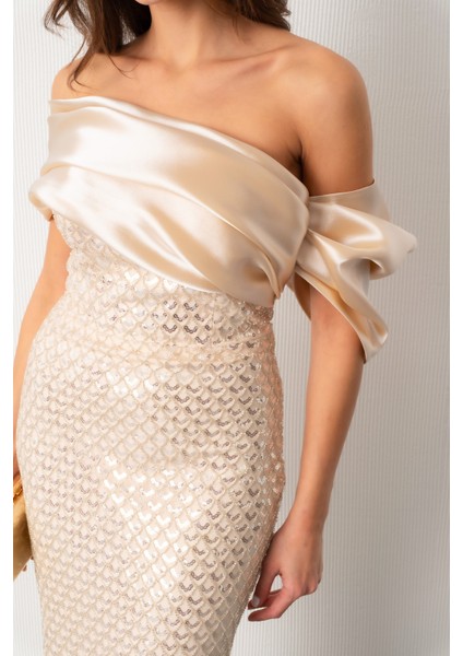 Kadın Bej Yaka Detay Boncuklu Uzun Abiye Elbise fırsatları