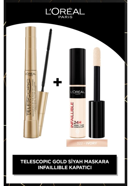 Infaillible Tüm Yüze Uygulanabilir Kapatıcı 322 Ivory Concealer & Telescopic Gold Maskara
