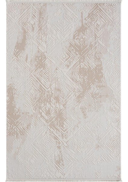 Kaftan KF007B Bej Halı Geometrik Kabartma Desenli Akrilik Halı Tozuaz Salon Halısı Yatak Odası