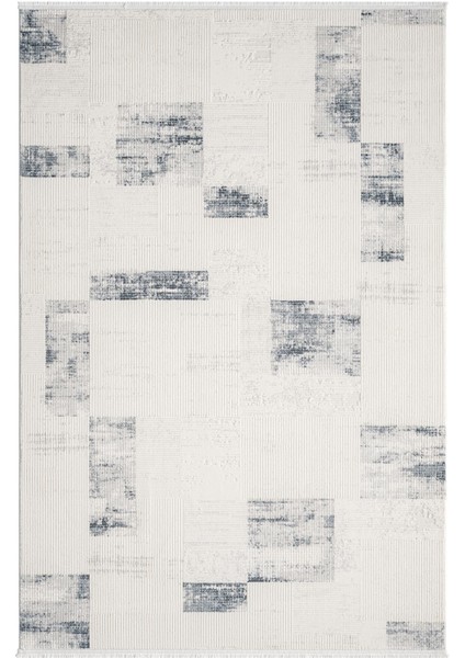 Truva TV035M Krem Rengi Halı Lacivert Geometrik Detaylı Akrilik Yumuşak Modern Salon Halısı