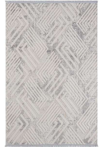 Kaftan KF006G Bej Halı Gri Detaylı Geometrik Kabartma Desenli Akrilik Halı Tozuaz Salon Halısı