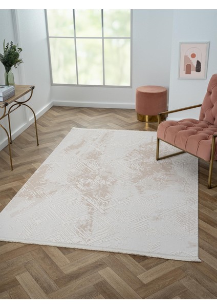 Kaftan KF007B Bej Halı Geometrik Kabartma Desenli Akrilik Halı Tozuaz Salon Halısı Yatak Odası modelleri