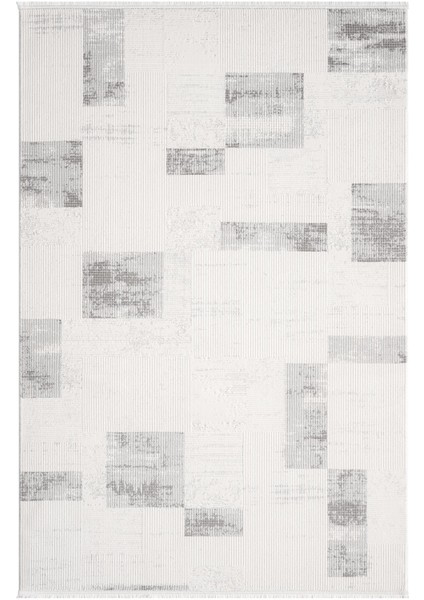 Truva TV035G Krem Rengi Halı Gri Geometrik Detaylı Akrilik Yumuşak Modern Salon Halısı