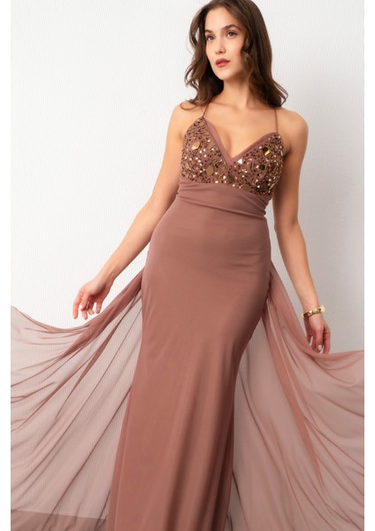 Kadın Vizon Askılı Taş Detaylı Uzun Tül Abiye Elbise