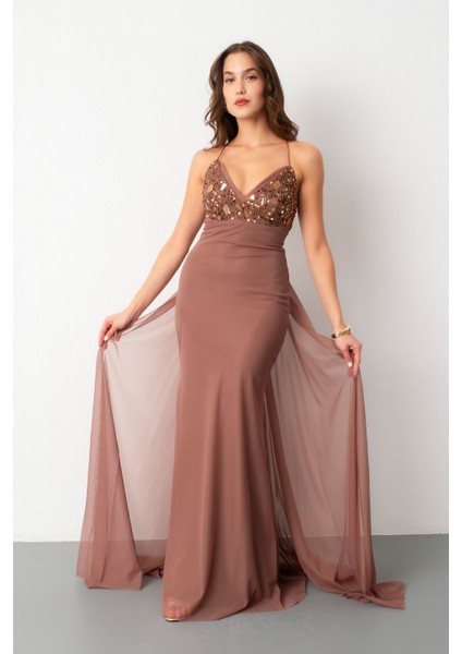 Kadın Vizon Askılı Taş Detaylı Uzun Tül Abiye Elbise fiyatları
