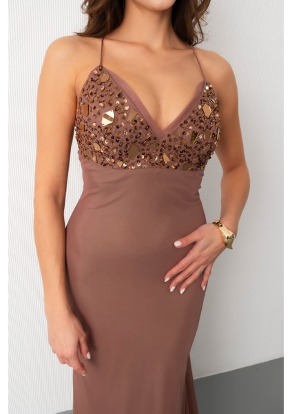 Kadın Vizon Askılı Taş Detaylı Uzun Tül Abiye Elbise indirimleri