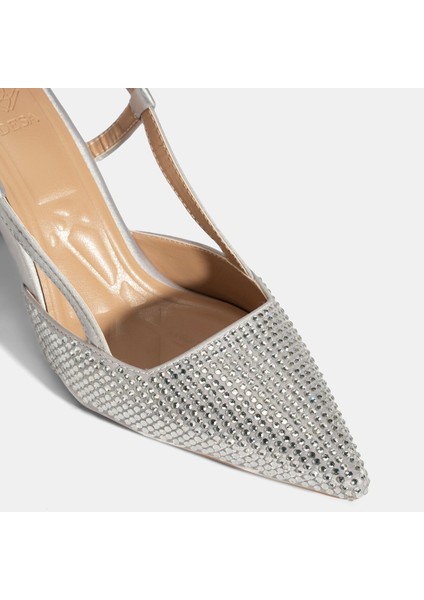 Kadın Gümüş Ayarlanabilir Metal Tokalı Taşlı Abiye Ayakkabı