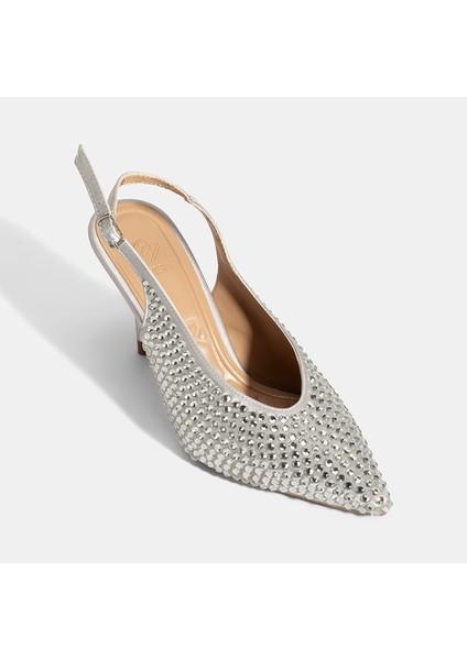Kadın Gümüş Ayarlanabilir Metal Tokalı Taşlı Abiye Ayakkabı