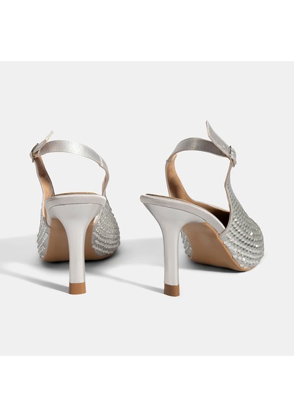 Kadın Gümüş Ayarlanabilir Metal Tokalı Taşlı Abiye Ayakkabı