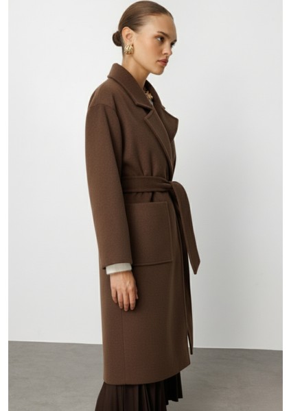 Yünlü Kaşe Doku Torba Cepli Basic Kahverengi Kaban fiyatları