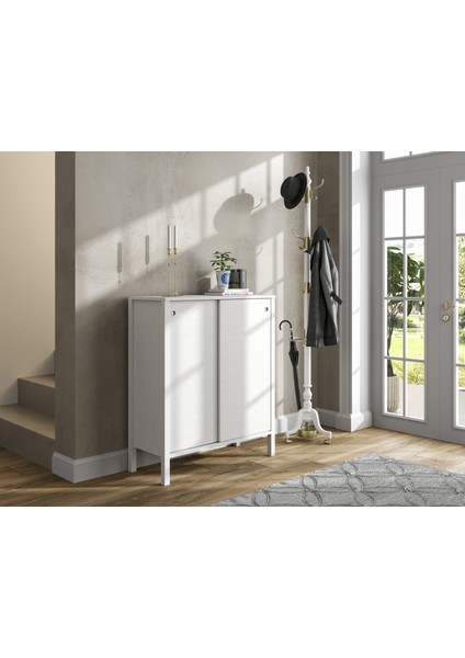 Hunerika Coren Sürgülü Ayakkabılık -Wood Beyaz-Minifiks Bağlantılı