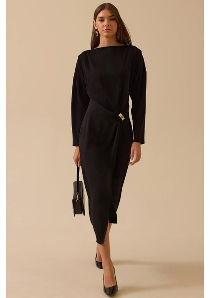 Kadın Metal Tokalı Midi Elbise 0010 Siyah