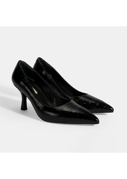 Kadın Siyah Kroko Baskılı Deri Stiletto