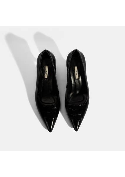 Kadın Siyah Kroko Baskılı Deri Stiletto