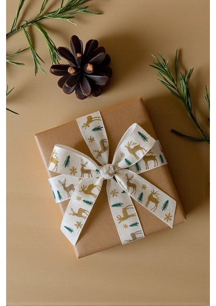 Yılbaşı Grogren Beyaz Kurdele – Geyik Desenli Hediye Paketleme, Hobi Süsleme Şeridi, 4 Cm - 18 M modelleri
