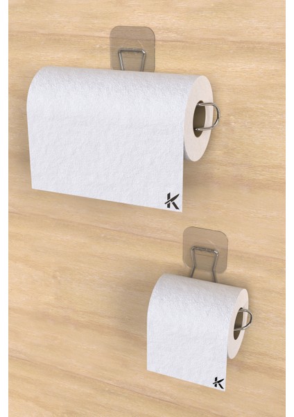 Sticker Yapışkanlı Dekoratif Rulo Havlu Tutacağı Şık Banyo Mutfak Tezgah Aksesuarı Rulo Havluluk ve Wclik 2''li Set
