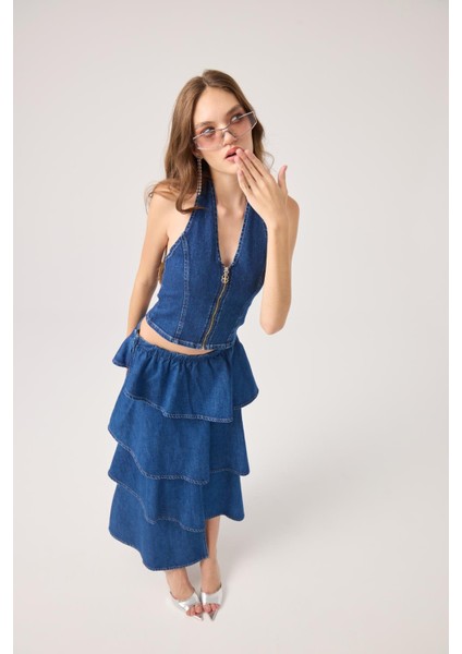 Fırıfırlı Uzun Kaela Jean Etek Mavi fiyatları