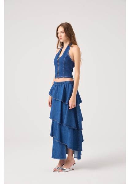 Fırıfırlı Uzun Kaela Jean Etek Mavi modelleri