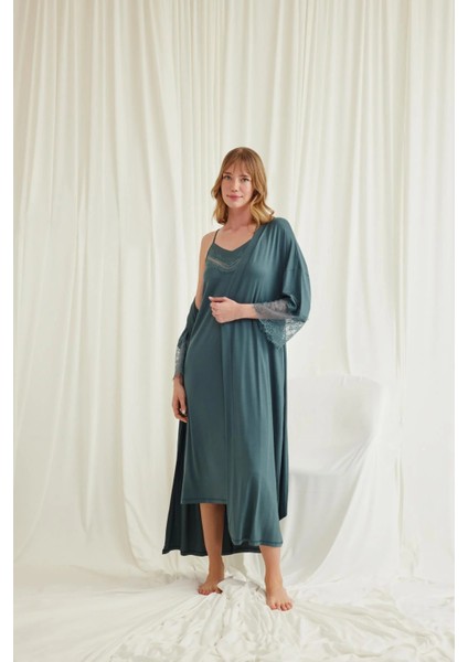 Monamise Dekolteli Yakası ve Kolu Dantelli Sabahlık Takımı indirimleri