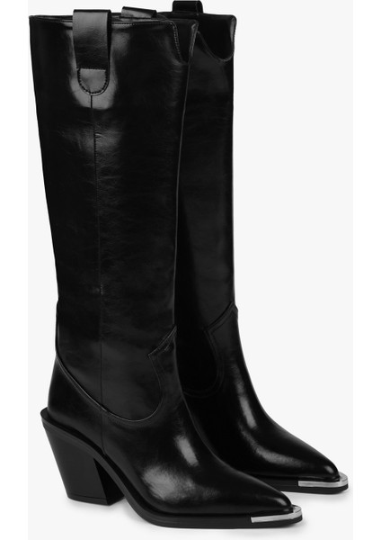 Kadın Kovboy Çizme Siyah Cilt Suni Deri Klasik Topuk Tasarımı ile Şık