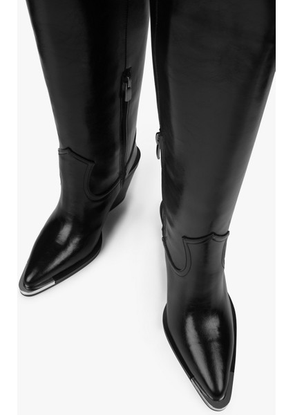 Kadın Kovboy Çizme Siyah Cilt Suni Deri Klasik Topuk Tasarımı ile Şık modelleri