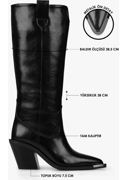 Kadın Kovboy Çizme Siyah Cilt Suni Deri Klasik Topuk Tasarımı ile Şık fırsatları