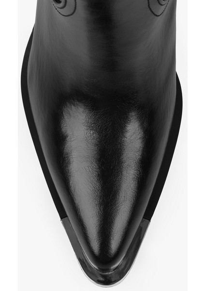 Kadın Kovboy Çizme Siyah Cilt Suni Deri Klasik Topuk Tasarımı ile Şık indirimleri