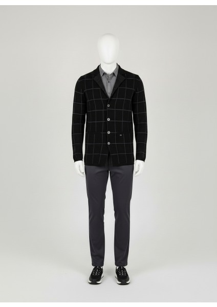 Erkek Kareli Desenli Triko Ceket Hırka Siyah